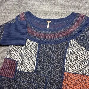Free People Patchwork Knit Sweater Navy Blue Orange Geometric Boho Small‎